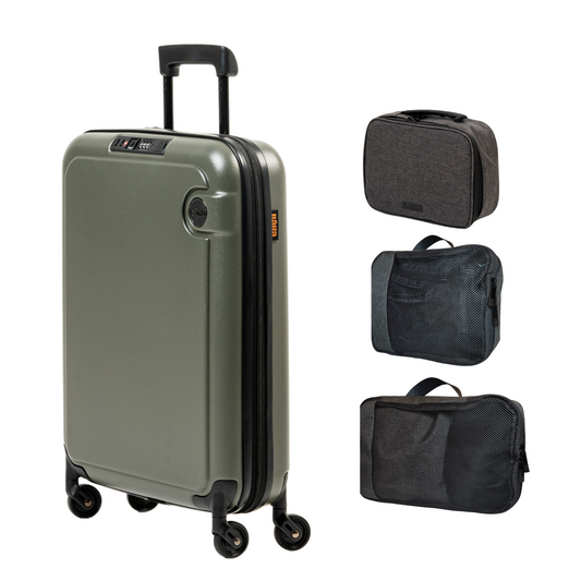 BÄRA Travel Set - Collapsible 20" Carry On Luggage, Packing Cubes & Toiletry Bag, Hunter Greeb